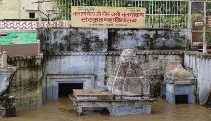 A temple submerged in water in Varanasi
