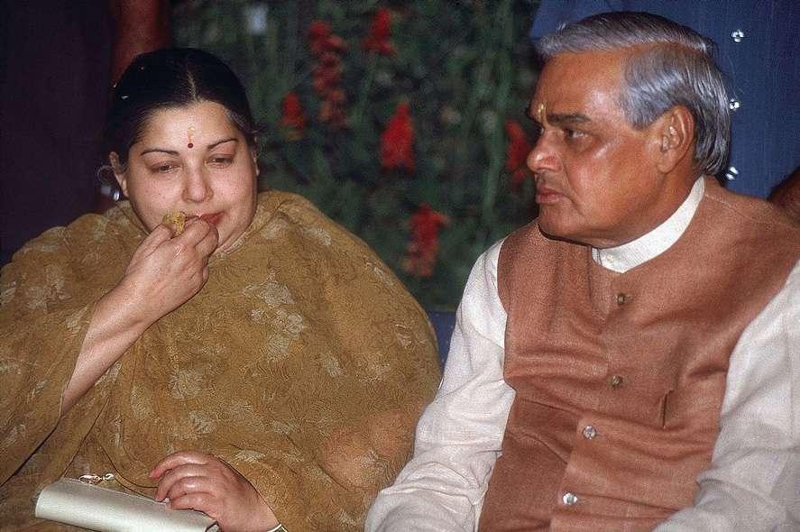BJP Leader Atal Bihari Vajpayee with AIADMK chief J Jayalalithaa on 27 March, 1997 in New Delhi, India.