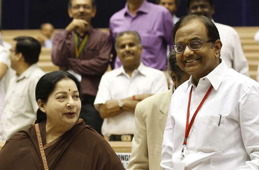 Union Home Minister P Chidambaram with Chief Minister of Tamil Nadu J Jayalalithaa during the Chief Ministers Conference on Internal Security at Vigyan Bhawan on 16 April, 2012 in New Delhi, India.