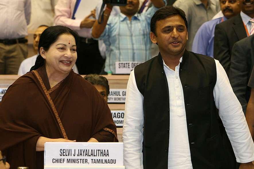 Chief Minister of Uttar Pradesh State Akhilesh Yadav talks with Tamil Nadu Chief Minister J Jayalalithaa during the Chief Ministers Conference on Internal Security on 16 April, 2012 in New Delhi