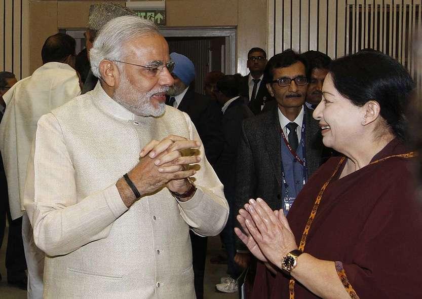 Narendra Modi, Chief Minister of Gujarat with J Jayalalithaa, Chief Minister of Tamil Nadu, at the 57th National Development Council (NDC) meeting at Vigyan Bhawan on 27 December, 2012 in New Delhi, India.