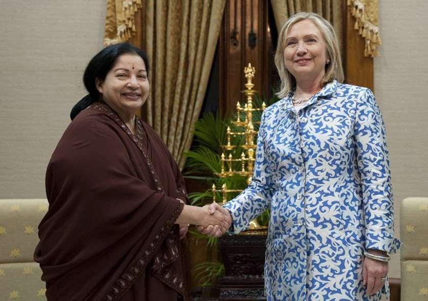 Tamil Nadu Chief Minister J Jayalalithaa shakes hands with US Secretary of State Hillary Clinton at the Fort St. George Complex on July 20, 2011 in Chennai, India.