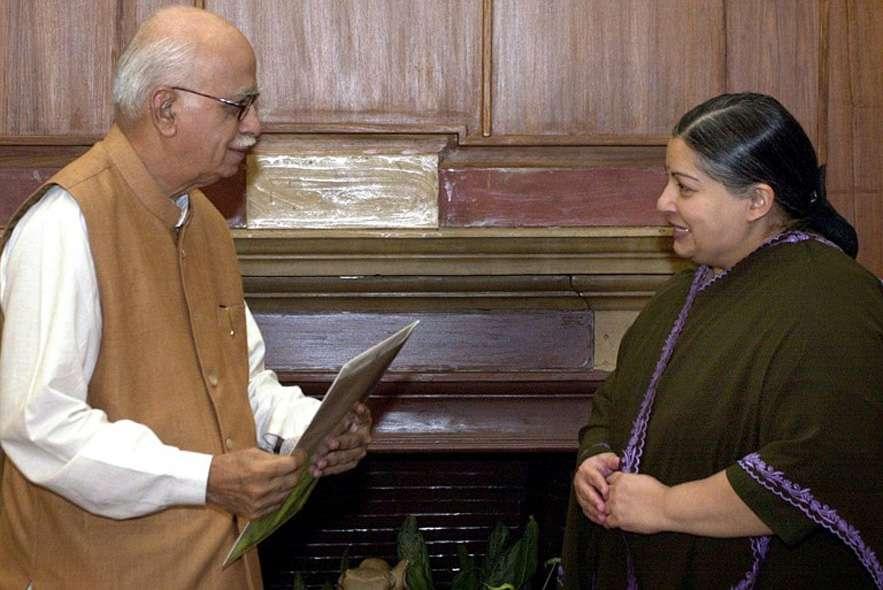 Deputy Prime Minister and Home Minister LK Advani greets chief minister of Tamil Nadu J Jayalalithaa during a meeting at the Home Ministry on 28 August 2002 in New Delhi.
