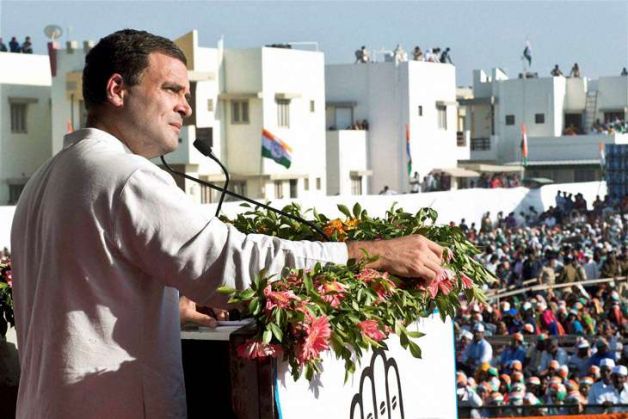 Rahul Gandhi speaks at a rally in Mehsana, Gujarat