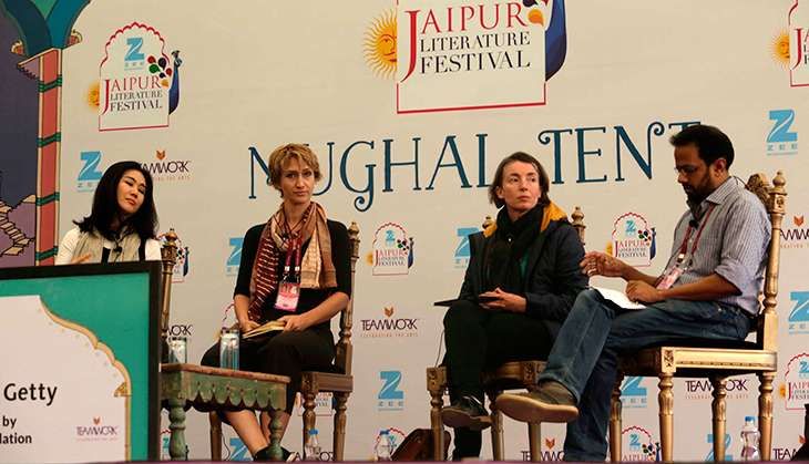 (L to R) Authors Hyeonseo Lee, Bee Rowlatt, Emma Sky with Samanth Subramanian at Day 3 of the Zee Jaipur Literature Festival 2017.