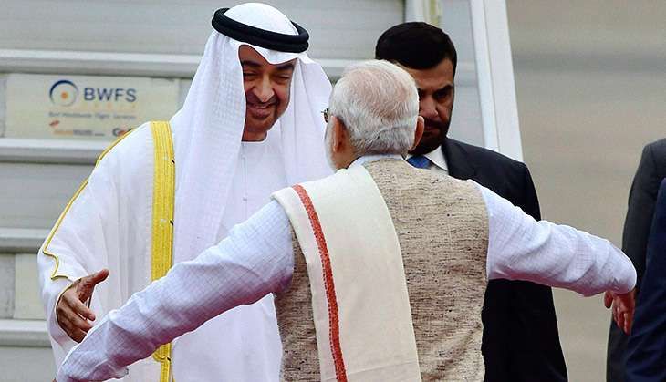 Indian Prime Minister Narendra Modi greets UAE Crown Prince Mohammed Bin Zayed Al Nahyan