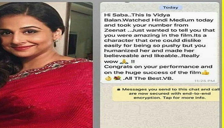 Vidya Balan impressed by Saba Qamar