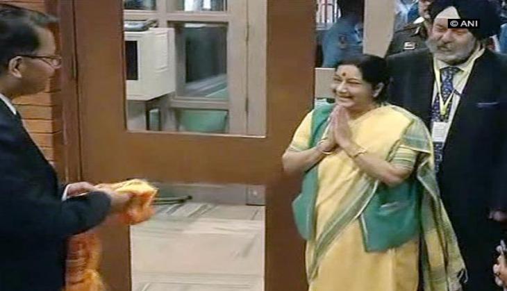 Sushma Swaraj arrives in Kathmandu for BIMSTEC Summit