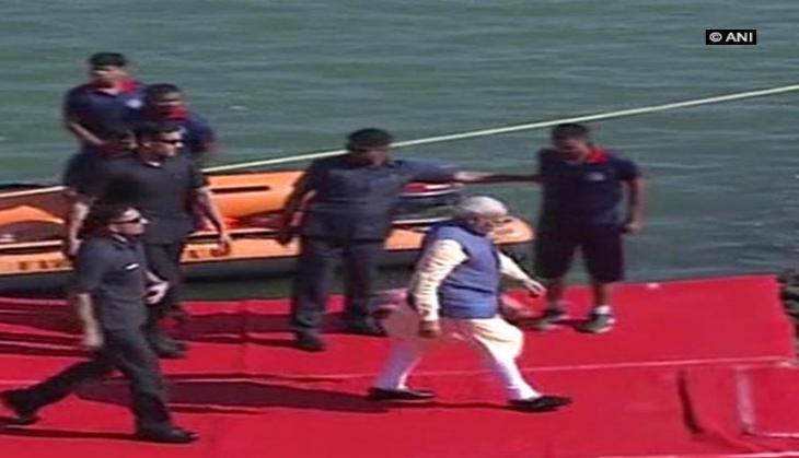 Prime Minister Narendra Modi reaches Dharoi Dam in sea-plane