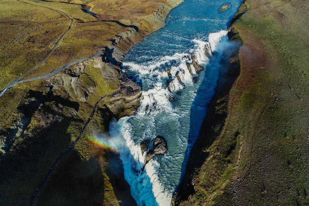 Spectacular view of double cascade at the Iceland’s most famous Gullfoss waterfall