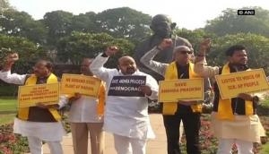 TDP MPs continue to protest against Union Budget
