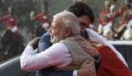 Finally, Trudeau gives  Modi's trademark 'Bear Hug' 
