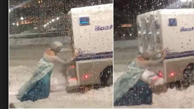 Boston Snow: Queen Elsa came to rescue a police wagon out of the snow