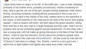 Shehla Rashid denies of blocking the route of bleeding child by JNU protesters as alleged by a FB post