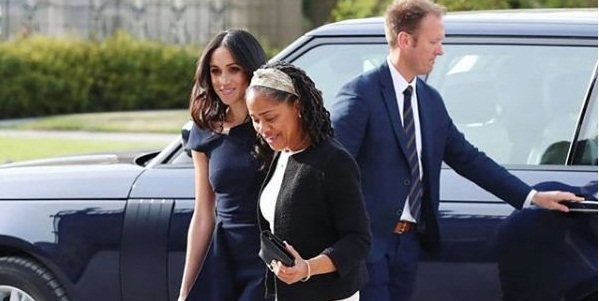 Meghan Markle wears a navy blue Roland Mouret outfit to arrive at Cliveden House; video inside 