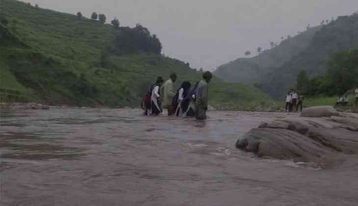 Image result for With no bridge, students dangerously cross river to reach school in Rajouri