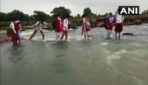 Madhya Pradesh: Bridge construction delayed, students cross rivulet to school