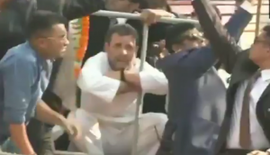 Watch: Rahul Gandhi, Priyanka & Jyotiradtiya sit down as dangling electrical wires interrupts rath; puts roadshow on halt