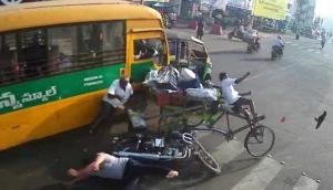 Video: Scary! School bus brakes fail in busy Andhra road; what happens next is horrifying