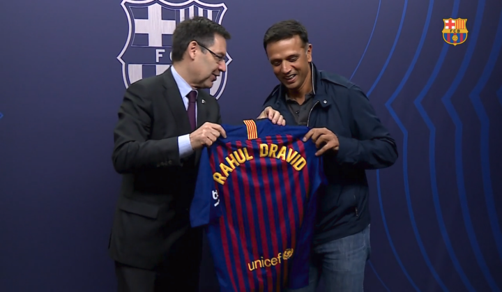 Watch: FC Barcelona greets Rahul Dravid at Camp Nou, fans go berserk