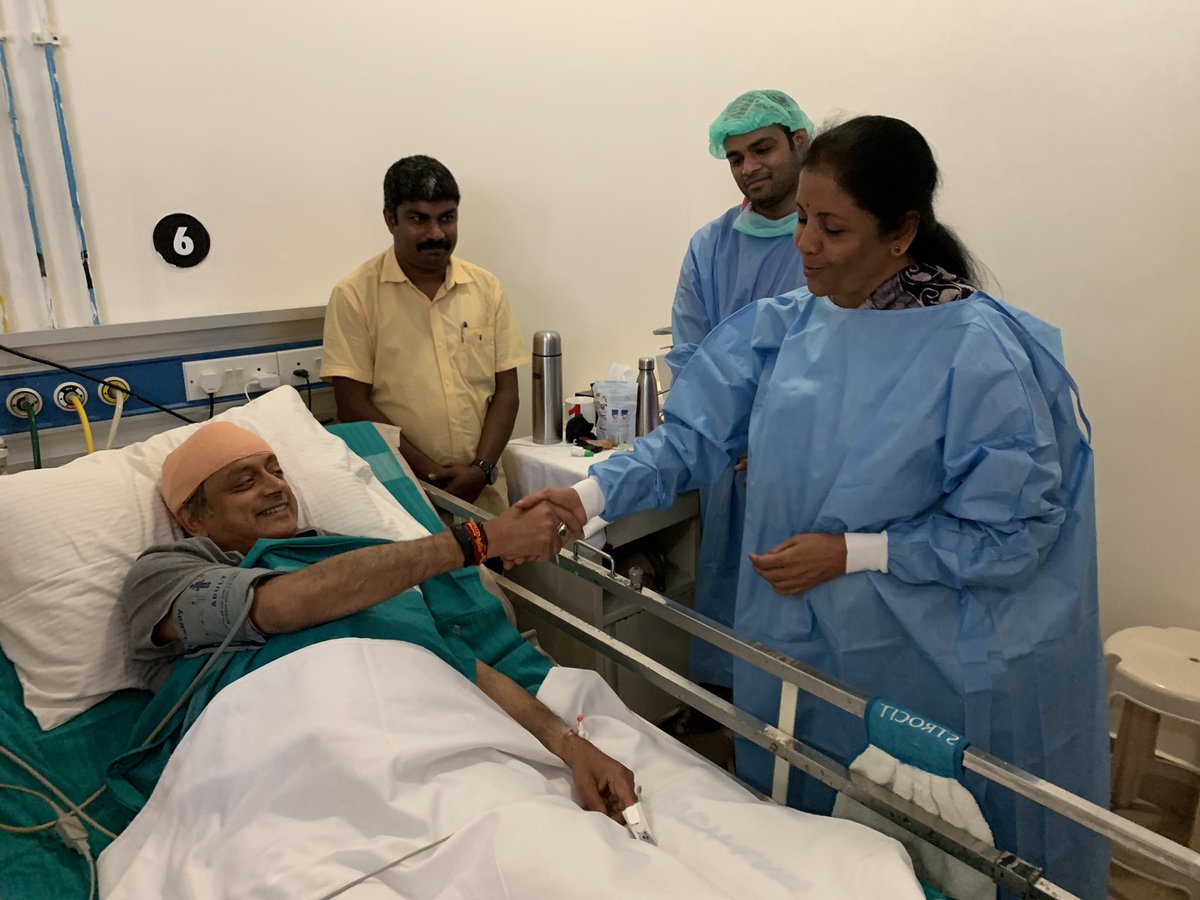 Nirmala Sitharaman visits injured Shashi Tharoor in hospital, Congress MP tweets, 'Touched by her gesture'