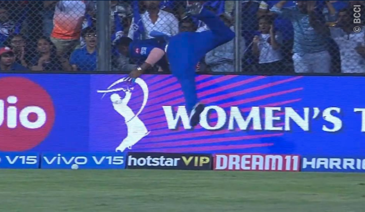 Watch: Kieron Pollard hits ‘own four’, collides with advertisement screen for damage control