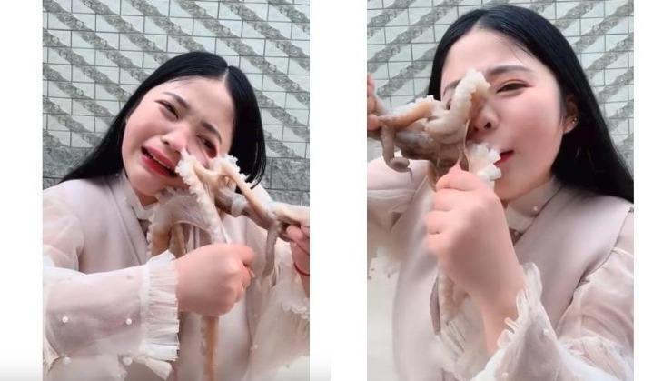 Woman Vlogger eat Octopus