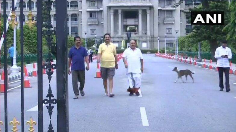 After night-long dharna inside house, BJP lawmakers take morning walk around Vidhana Soudha