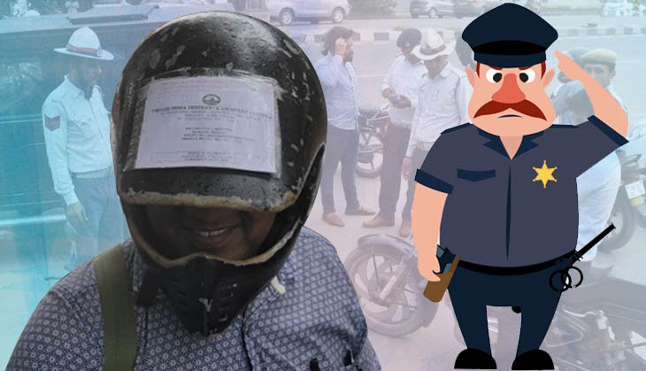 Hilarious! Man pastes DL, RC, insurance slip on his helmet to save from hefty fines