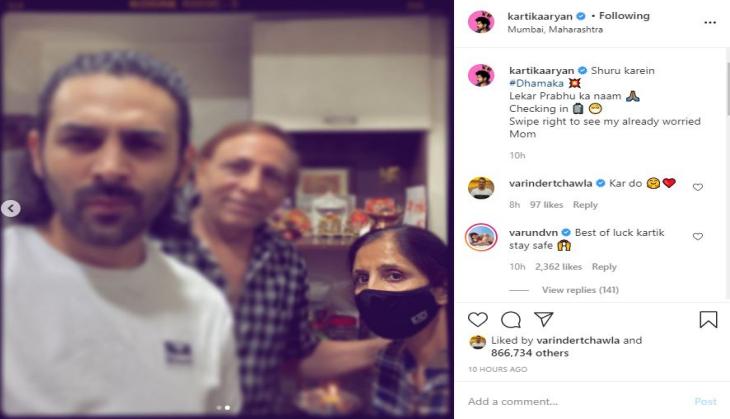 Kartik Aaryan shares picture of his 'worried' mother as he commences 'Dhamaka' shoot