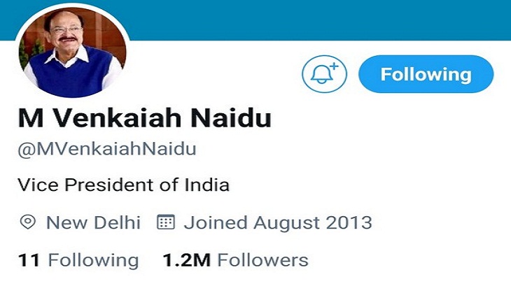 Twitter removes blue badge from VP Venkaiah Naidu's personal verified account