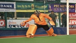 Punjab CM Charanjit Singh Channi turns goalkeeper during Surjit Hockey Tournament in Jalandhar