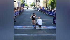 Viral Video: Man proposes girlfriend at Marathon finish line!