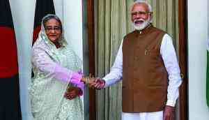 Sheikh Hasina meets Indian counterpart Narendra Modi at Hyderabad House