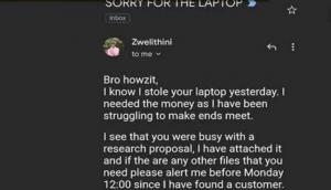 Thief sends email apologizing for stealing man’s laptop, Twitter reacts