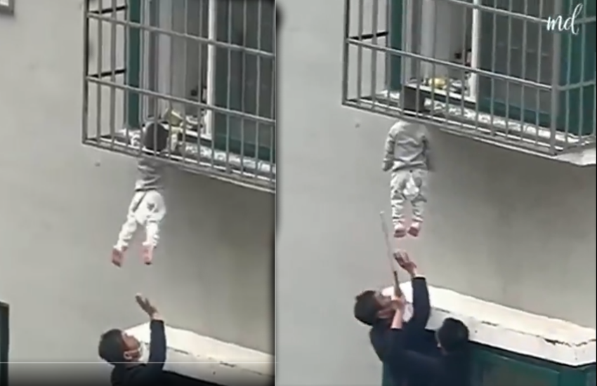 Caught on Camera: Real-life heroes save child stuck in balcony window