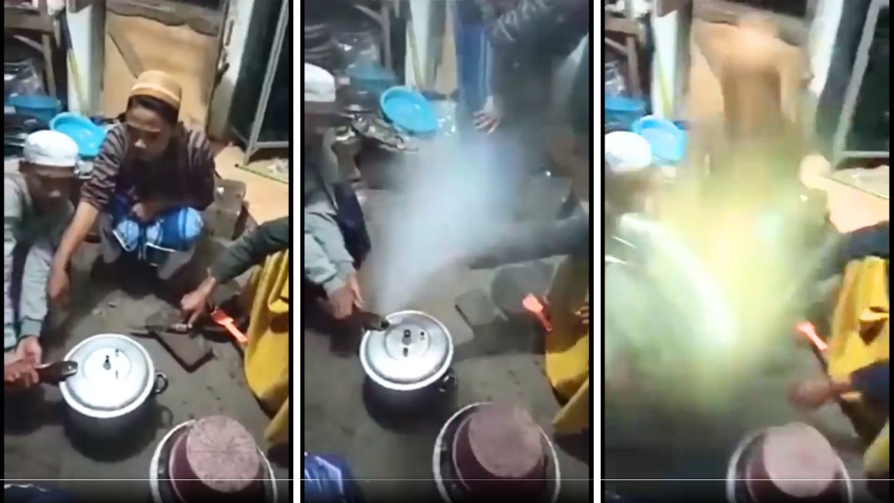 Dangerous Stunt: Men open the pressure cooker without releasing pressure