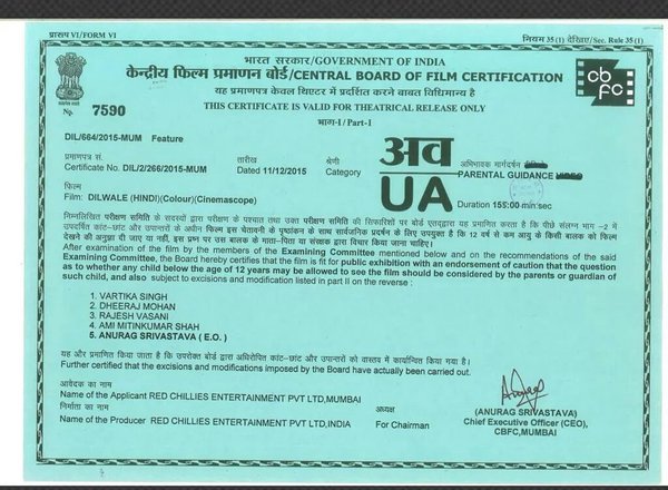 Dilwale Censor Certificate 