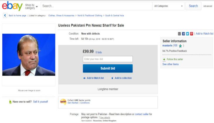 It's not a joke: 'Useless' Pakistani PM Nawaz Sharif up for sale on eBay 