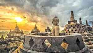 Volcanic ash from Mount Merapi covers 9th-century Buddhist temple in Indonesia
