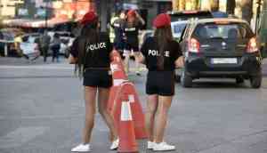 Lebanon police women put on mini shorts and red berets while patrolling the streets 