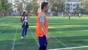 MS Dhoni stars in a charity football match ahead of Australia's tour of India