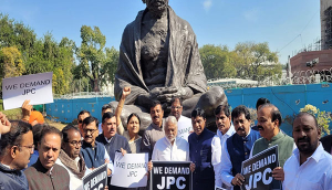 Opposition MPs protest in Parliament premises on Hindenberg-Adani row